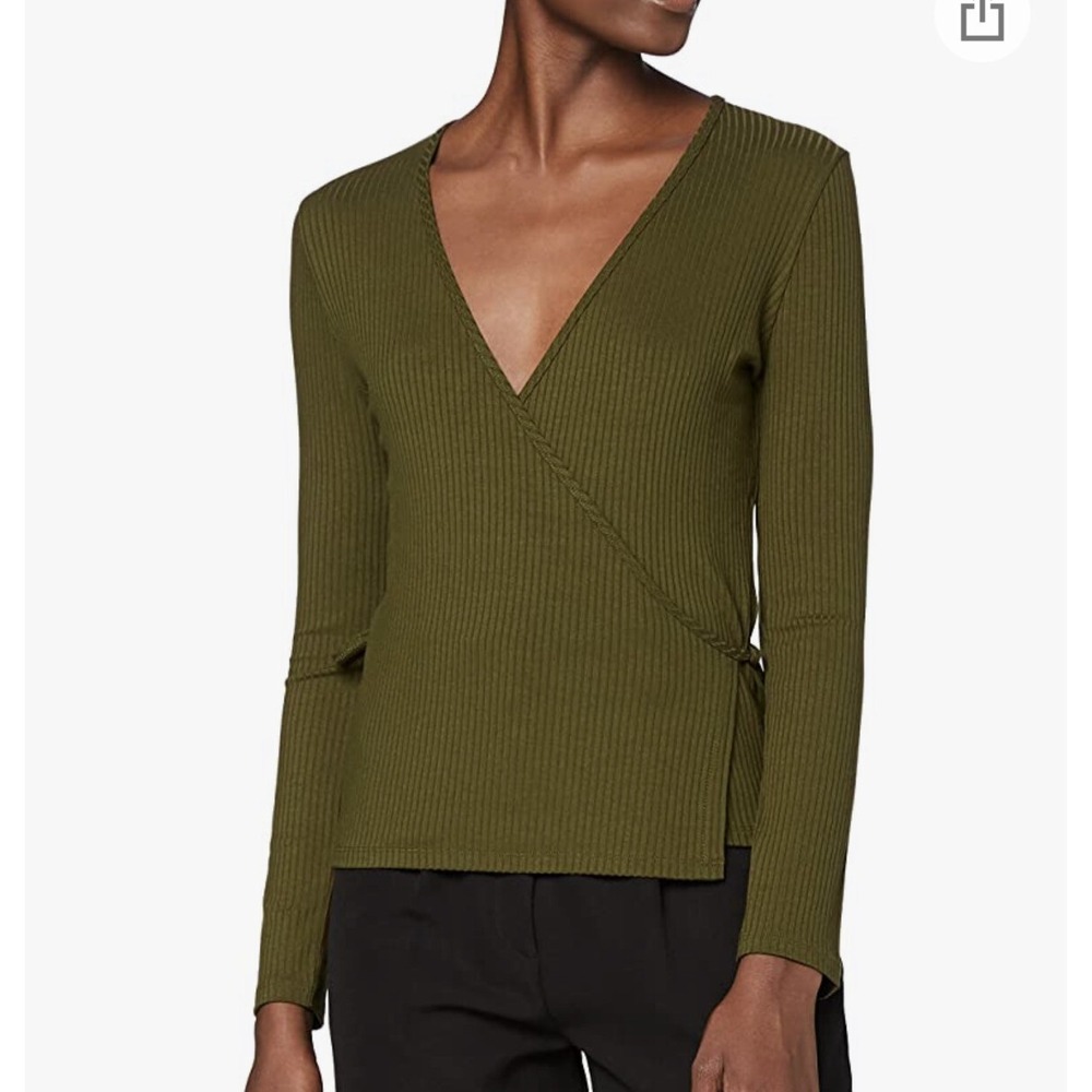 Find Green Wrap Blouse Sz L Long Sleeved V-neck Ribbed Fabric NEW‎